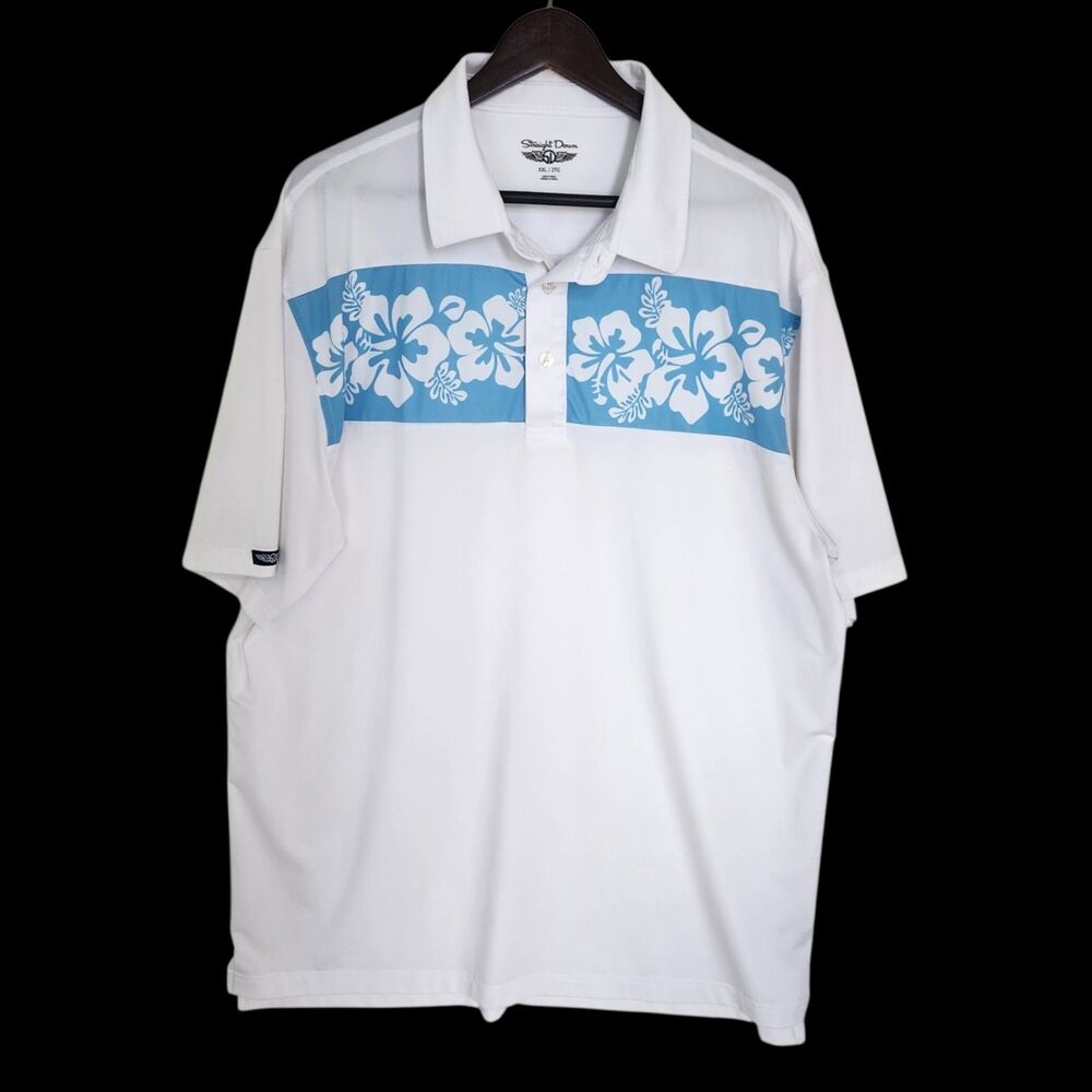 Straight Down Men's XXL Polo Shirt White Blue Hibiscus Floral Golf Performance